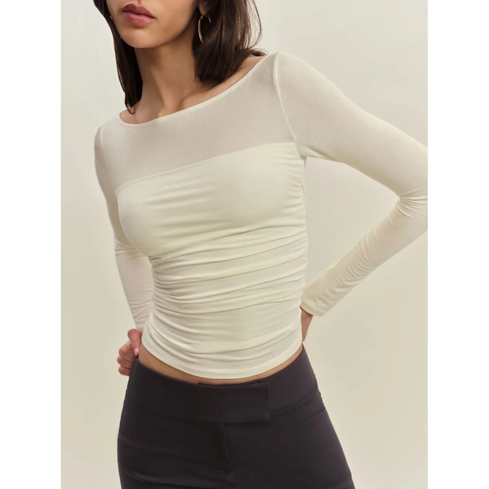 Reformation Julian Knit Ruched Boat Neck Top In Ivory Cream Women's Size L